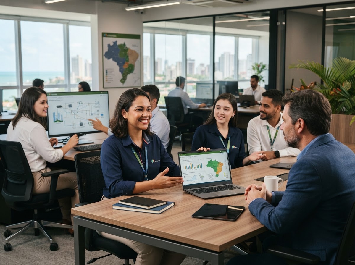 Neoenergia — equipe analisando indicadores de mercado em ambiente corporativo